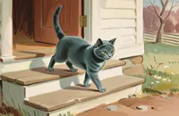 A watercolor of the small blue cat climbing the stone doorstep of a New England farmhouse.