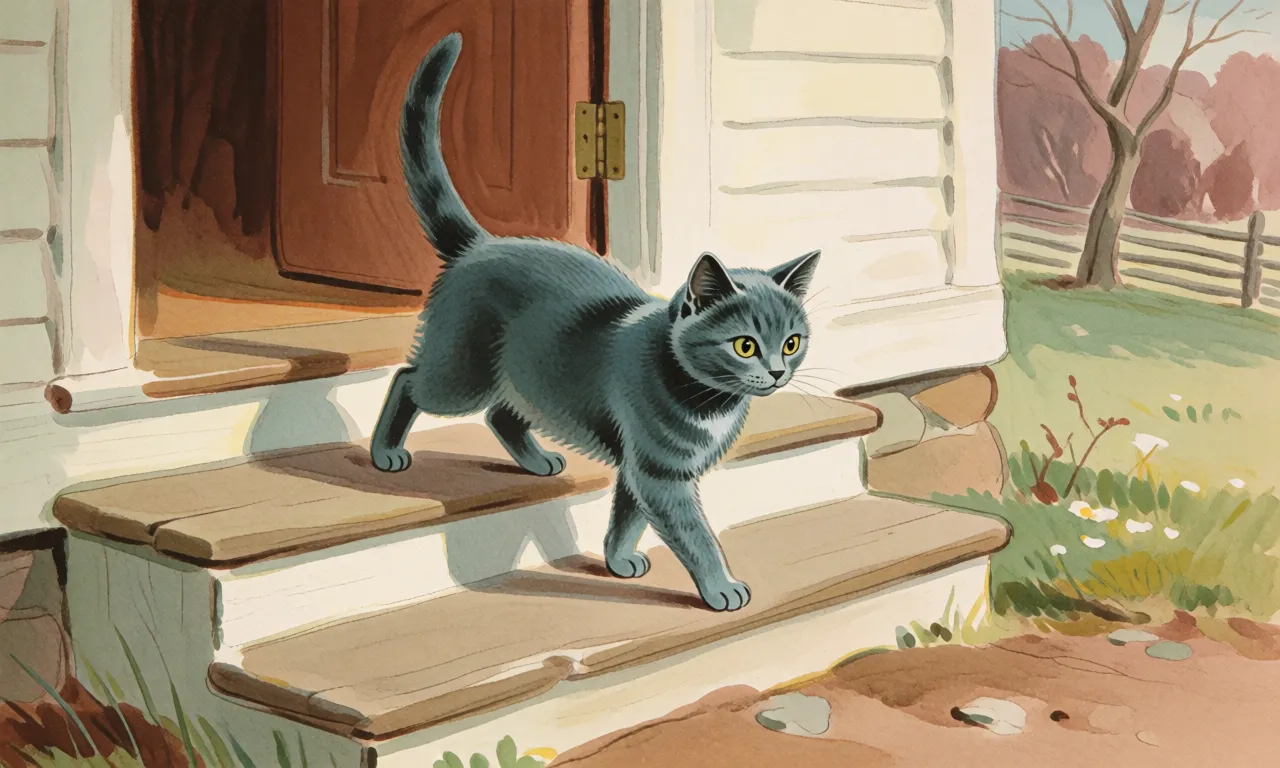 A watercolor of the small blue cat climbing the stone doorstep of a New England farmhouse.